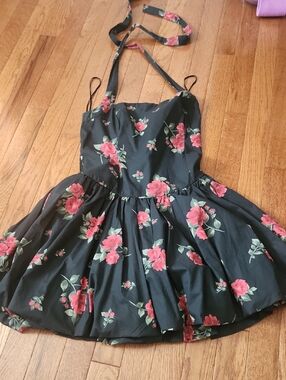 Hollister Black Floral Halter Skater Dress with Pink Roses